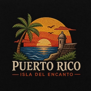 May include: An embroidered patch on a black background featuring a tropical sunset scene with a palm tree, ocean waves, and a stone watchtower. The text reads PUERTO RICO and ISLA DEL ENCANTO in a serif font below the colorful landscape illustration.