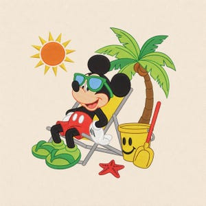 May include: An embroidered design featuring Mickey Mouse wearing green sunglasses and red shorts, relaxing in a yellow beach chair. Beside him is a palm tree, a yellow bucket with a smiley face, a red shovel, a red starfish, and a bright yellow sun.
