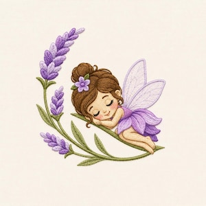Diseño de bordado de hada lavanda, duende durmiente, floral, caprichoso, botánico, regalo de primavera, naturaleza