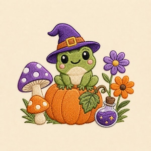 Halloween Groda Broderidesign Häxhatt Pumpa Svamp Trolldryck Höst Maskinmönster