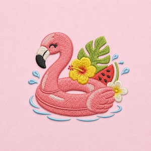 May include: An embroidered patch featuring a pink flamingo pool float with a black beak, accented by a yellow hibiscus flower, a green monstera leaf, a slice of watermelon, and a white plumeria flower, surrounded by small blue water splashes.