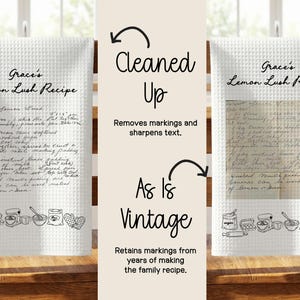 May include: White waffle-weave kitchen towel featuring a handwritten recipe for "Grace's Lemon Lush Recipe." The towel has a border of illustrated baking tools. The text "Cleaned Up" and "As Is Vintage" are also visible.