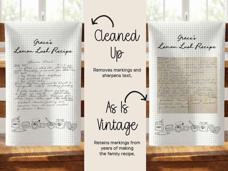May include: White waffle-weave kitchen towel featuring a handwritten recipe for "Grace's Lemon Lush Recipe." The towel has a border of illustrated baking tools. The text "Cleaned Up" and "As Is Vintage" are also visible.