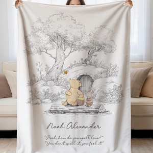 Personalized Classic Winnie the Pooh Blanket, How Do You Spell Love, Minimalist Nursery Decor, Minky Plush