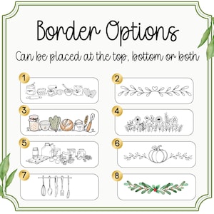 May include: An illustrated guide titled "Border Options" with eight design choices. The options include baking-themed illustrations, floral patterns, and decorative borders. The text indicates the borders can be placed at the top, bottom, or both.