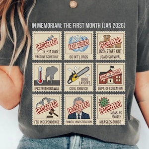 May include: Dark gray t-shirt with a graphic design featuring postage stamp-style images and text. The text includes "IN MEMORIAM: THE FIRST MONTH (JAN 2026)" and various phrases like "CANCELLED" and "EXIT ORDER". The shirt has a crew neck.