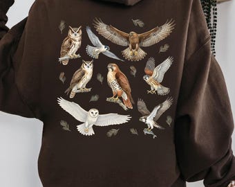 Raptors and Owls Illustration Hoodie | Birds of Prey collage