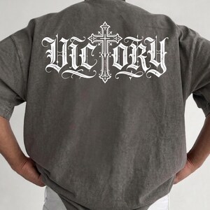 Victory Gothic Cross T-shirt | Vintage Lettering back print image 3
