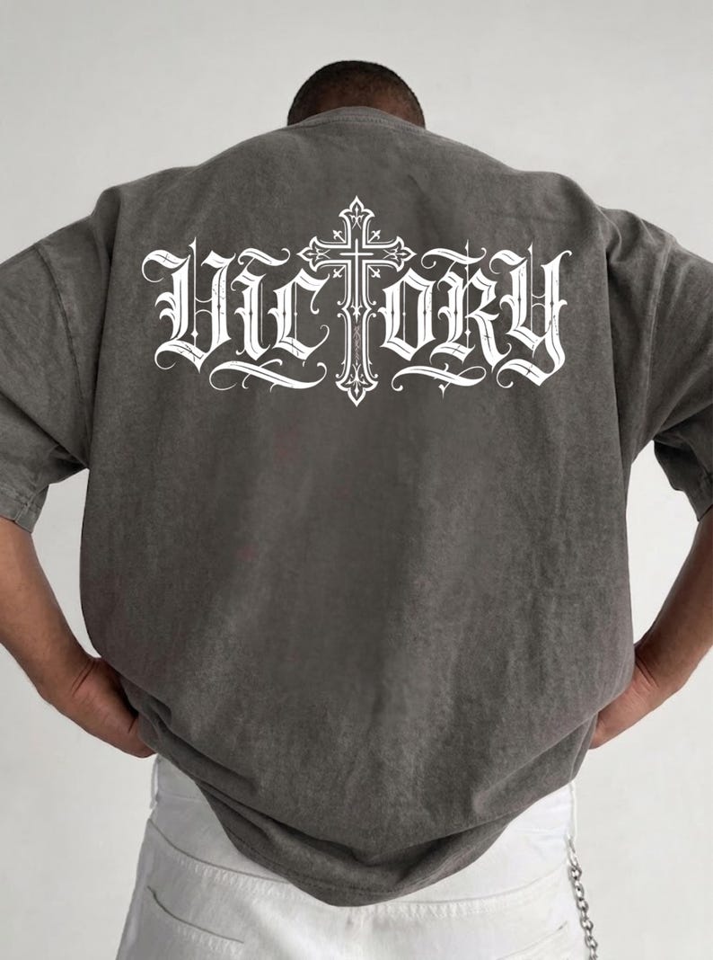 Victory Gothic Cross T-shirt | Vintage Lettering back print image 3