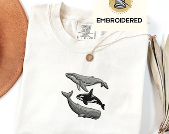 Embroidered Whale Orca Shirt – Minimal Ocean Animals Design, Marine Life Tee, Coastal Aesthetic Shirt, Ocean Lover Gift