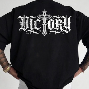 Victory Gothic Cross T-shirt | Vintage Lettering back print image 1