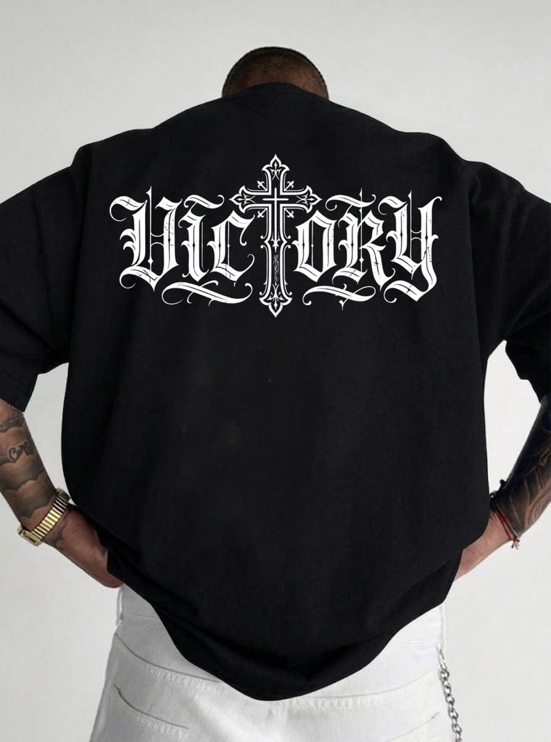 Victory Gothic Cross T-shirt | Vintage Lettering back print image 1