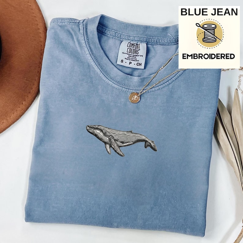 Embroidered Humpback Whale Shirt, Ocean Lover Tee, Minimal Whale Embroidery T-Shirt, Coastal Nature Shirt, Marine Life Gift Tee image 2
