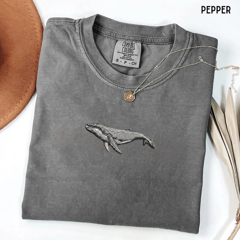 Embroidered Humpback Whale Shirt, Ocean Lover Tee, Minimal Whale Embroidery T-Shirt, Coastal Nature Shirt, Marine Life Gift Tee image 3
