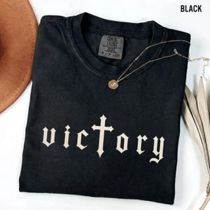 Victory Old English Shirt, Gothic Cross Tee, Christian Streetwear Shirt, Blackletter Graphic Tee, Vintage Gothic Tshirt, Faith Inspired Tee image 2