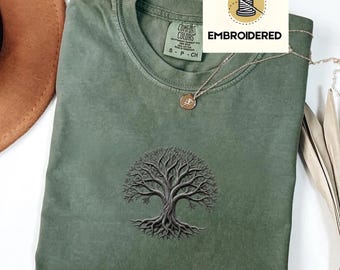 Tree of Life Embroidered Shirt, Minimal Chest Embroidery Tee, Vintage Engraved Tree Shirt, Symbolic Nature Shirt, Aesthetic Unisex Tee