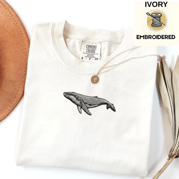Embroidered Humpback Whale Shirt, Ocean Lover Tee, Minimal Whale Embroidery T-Shirt, Coastal Nature Shirt, Marine Life Gift Tee