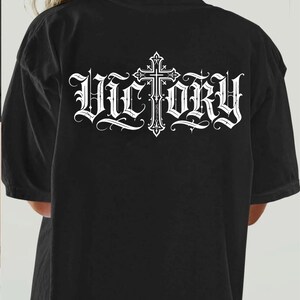 Victory Gothic Cross T-shirt | Vintage Lettering back print image 2