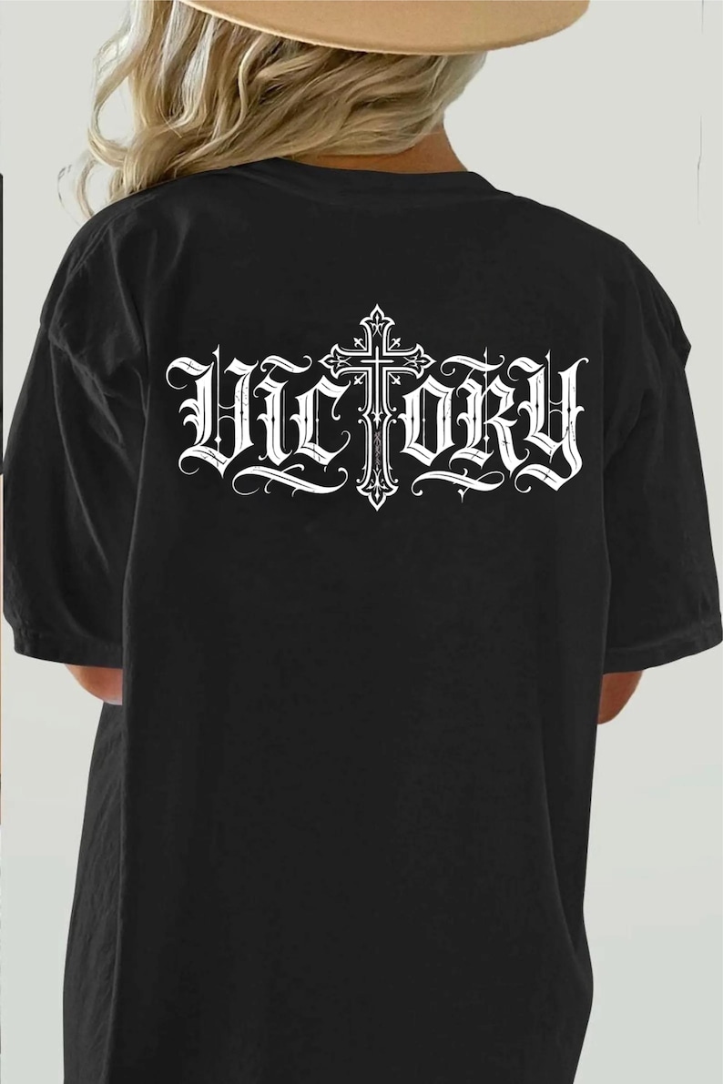 Victory Gothic Cross T-shirt | Vintage Lettering back print image 2