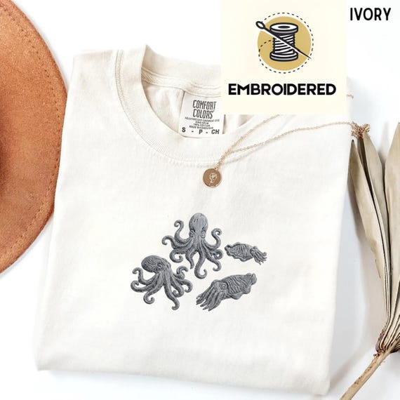 Embroidered Octopus Shirt – Minimal Sea Animals Design with Octopus and Squid, Marine Life Tee, Ocean Aesthetic Shirt