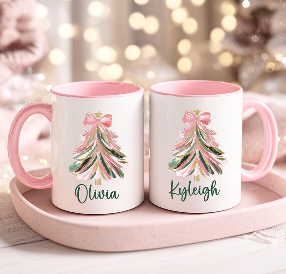 Personalized Christmas Mug for Girls, Custom Kids Cocoa Mug, Coquette Bow Hot Chocolate Mug, Secret Santa Gift Coworker