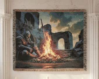 Knight at the Bonfire medieval tapestry | souls game inspired wall art | dark gothic decor | knightcore woven blanket