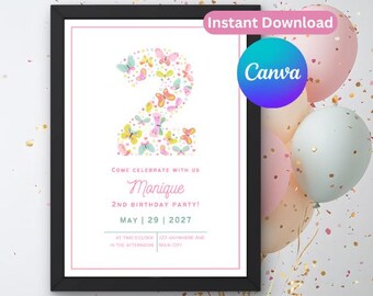 Butterfly 2nd Birthday Invitation: Pink Theme Butterfly Girl Party (Editable Digital Download)