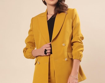 Mustard Double-Breasted Blazer for Women | Tailored Three-Fourth Sleeve Jacket | Formal Workwear Blazer | VALEIGN
