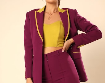 Mustard Double-Breasted Blazer for Women | Tailored Three-Fourth Sleeve Jacket | Formal Workwear Blazer | VOLCAPE