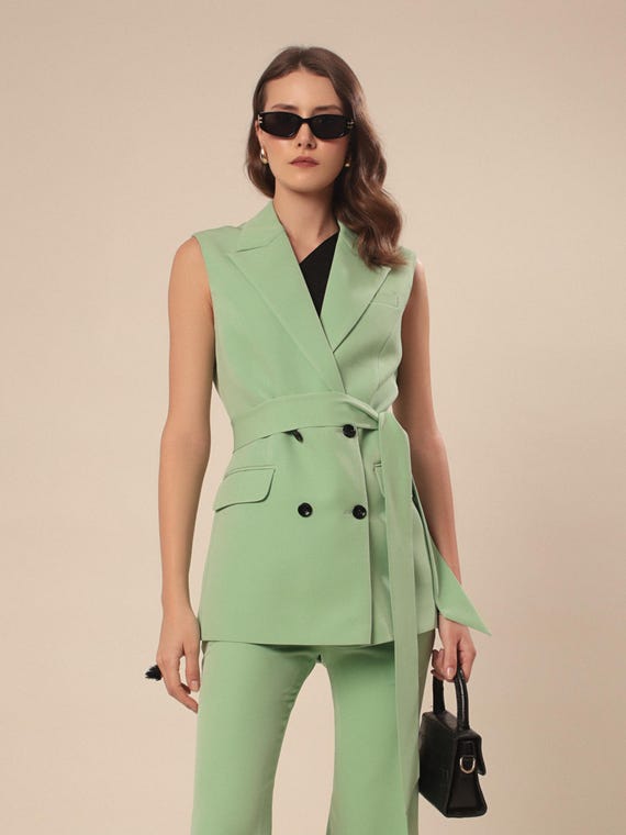 green sleeveless blazer dress Inspire Chic Women's Dress Sleeveless Notched Lapel Double Breasted Belted Work Office Blazer Dresses M Dark Green, Size: Medium
