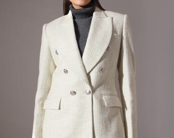 Green Textured Double-Breasted Blazer | Winter Tailored Jacket | Peaked Lapel | Sophisticated Warm Outerwear | VOLCAPE