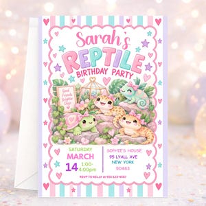 May include: A rectangular birthday party invitation card featuring a pastel striped border with pink hearts and stars. The text reads Sarah's Reptile Birthday Party, Saturday March 14, 1:00-4:00pm, Sophie's House, 95 Lyall Ave, New York 90463, RSVP to Kelly at 555-123-4567.