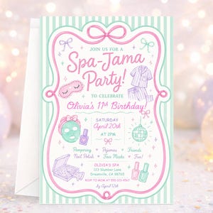 May include: A rectangular invitation card with a light green and white striped background, featuring a pink decorative border. The text reads: Join us for a Spa-Jama Party! to celebrate Olivia's 11th Birthday, Saturday April 20th at 2PM.