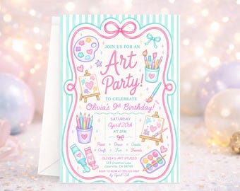 Plantilla editable de invitación para fiesta de arte, invitación para fiesta de manualidades, fiesta de cumpleaños con pintura, imprimible para fiesta de manualidades infantiles, fiesta creativa