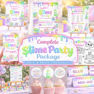 Lot de fête Slime, modifiable, invitation à une fête Slime, accessoires de fête Slime, décorations de fête Slime, kit de fête d'anniversaire Slime