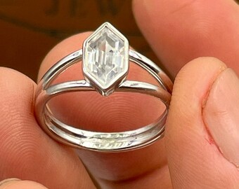 2.50 Carat Elongated Hexagon Moissanite Ring - Full Bezel Set in 925 Sterling Silver