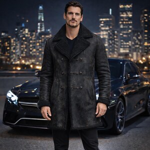 Men’s black shearling leather trench coat front view winter wear
