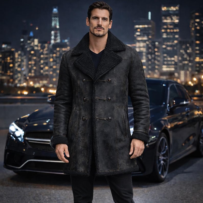 Men’s black shearling leather trench coat front view winter wear
