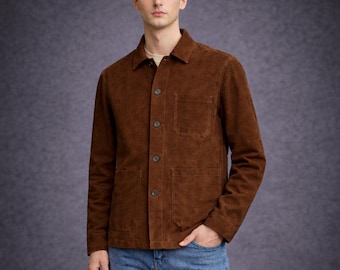 Brown Leather Chore Jacket with Relaxed Workwear Fit