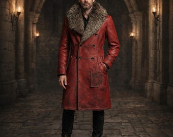 Gabardina de cuero roja con cuello de piel para hombre: abrigo largo de invierno
