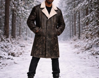 Gabardina de cuero negro desgastado con cuello forrado de piel de oveja para hombre: ropa de abrigo de invierno de lujo