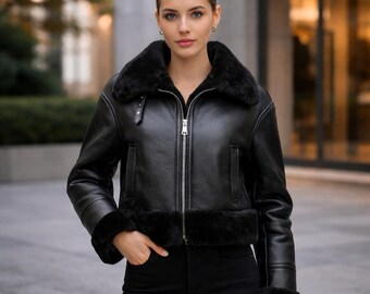 Chaqueta corta de piel de oveja negra para mujer – Abrigo de aviador de piel de oveja – Prenda de abrigo de invierno de lujo hecha a mano