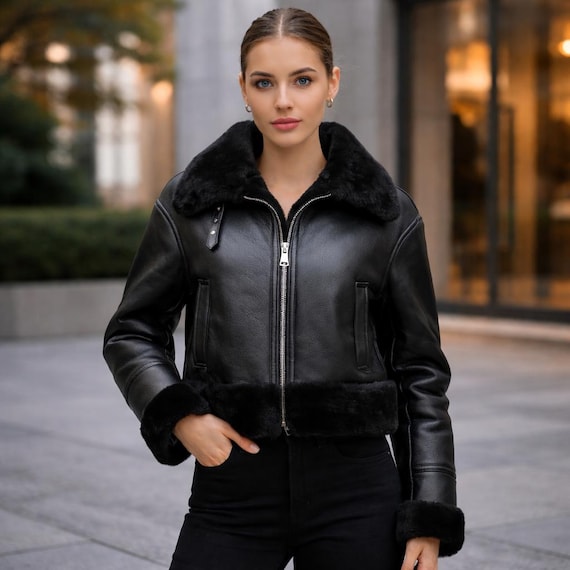 Women's Black Shearling Cropped Jacket – Fur Leather Aviator Coat