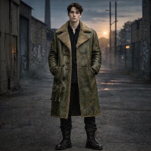 Front view of men’s olive distressed leather trench coat with shearling collar