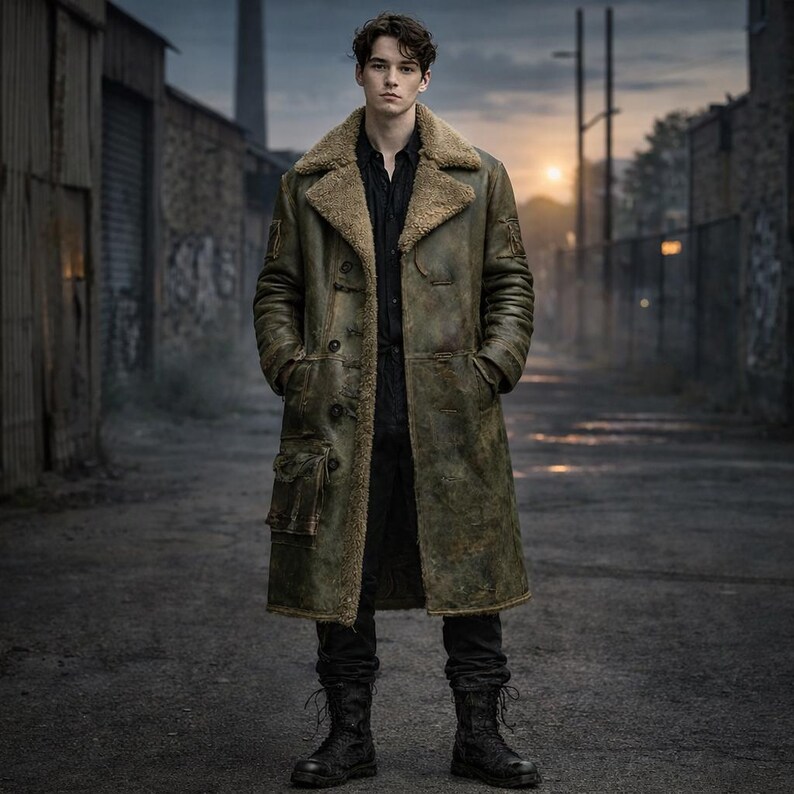 Front view of men’s olive distressed leather trench coat with shearling collar