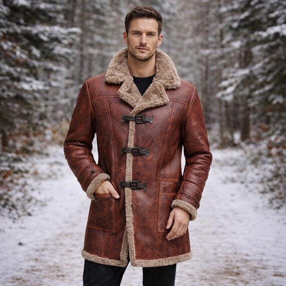 Cognac Croc-embossed Distressed Leather Trench Coat With Shearling