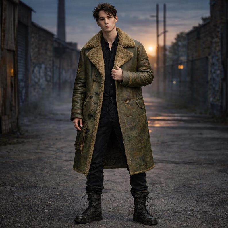 Men wearing olive green distressed leather long coat with shearling collar in winter