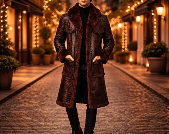Gabardina marrón de piel de cocodrilo con cuello de piel de oveja para hombre: ropa de abrigo de invierno de lujo