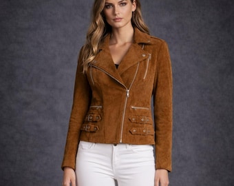 Chaqueta motera de ante marrón para mujer: silueta entallada con acabado de lujo