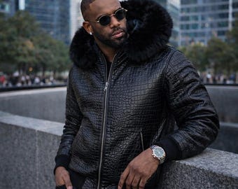Chaqueta bomber de piel de cocodrilo negra con capucha de piel para hombre - Ropa de calle de invierno de lujo
